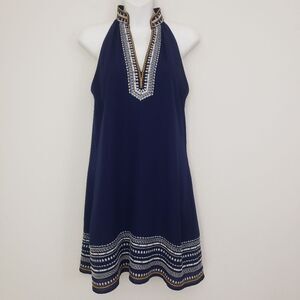 THML Chana Tunic Dress Embroidered Navy Blue Small Boho Beachy Coastal